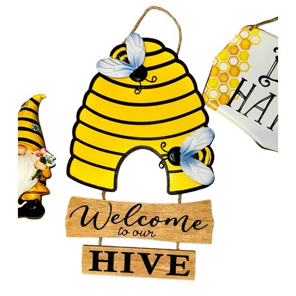 Bee Decor 3 Piece Bundle Signs Gnome Hive Black Yellow Kitchen Gift Welcome - Picture 3 of 9